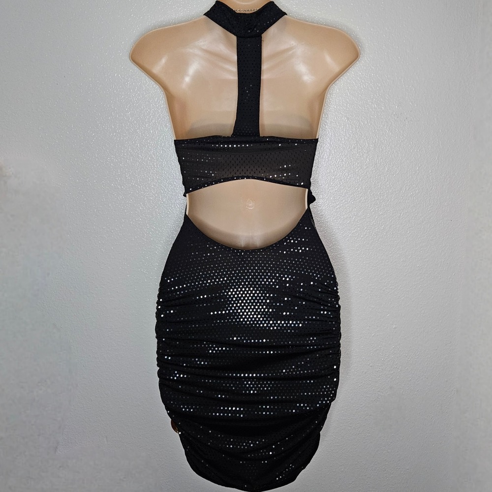 Y2k Cristina Black Sequin Bodycon Mini Dress Choker Neck - Picture 2 of 7